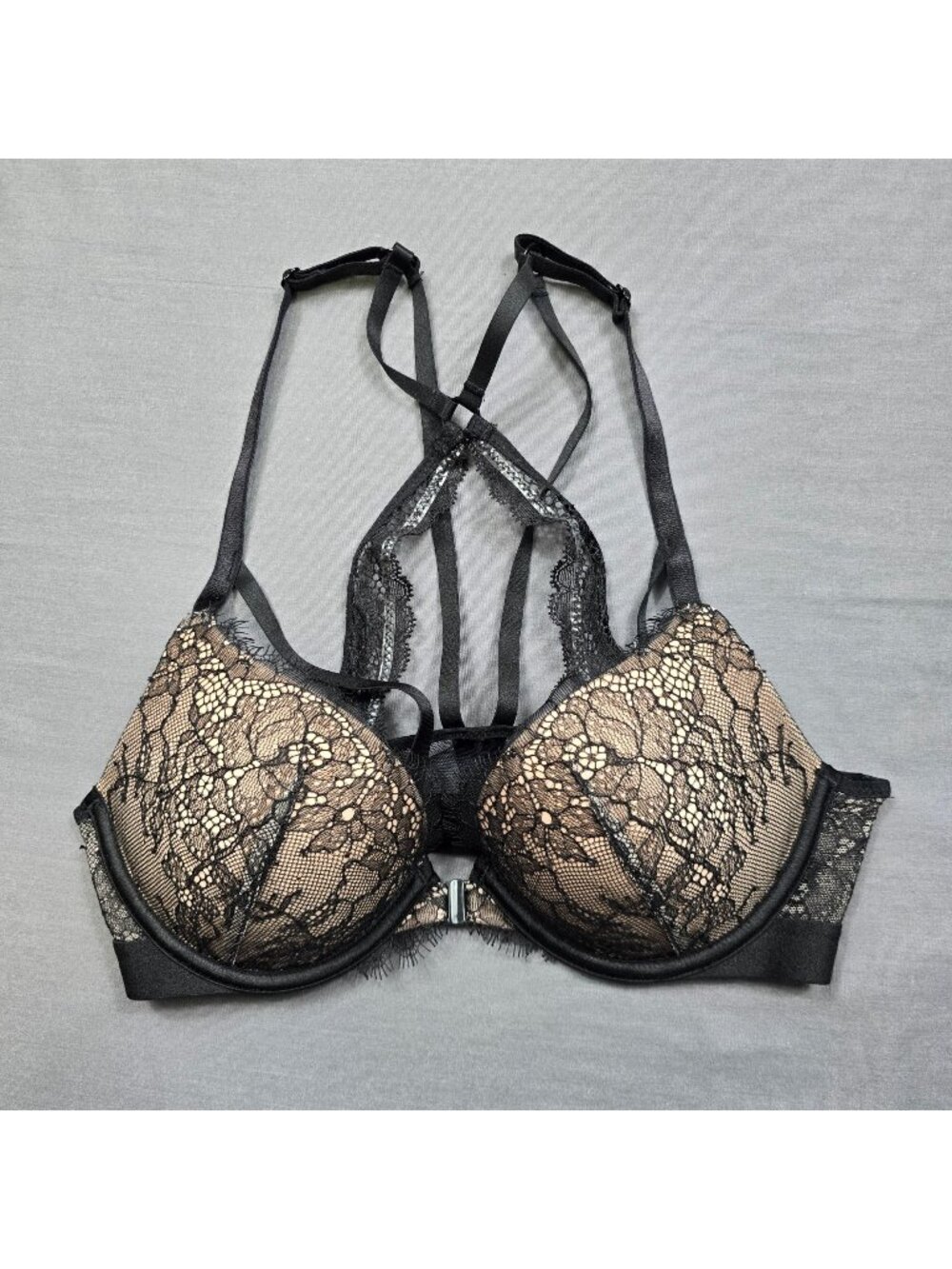 NEW Victorias Secret 32B Racerback Push-Up Lace Bra Black Adjustable Straps Sexy